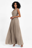 A Line Chiffon Bridesmaid Dress With Lace Ruched Sleeveless Formal Evening Prom Dresses