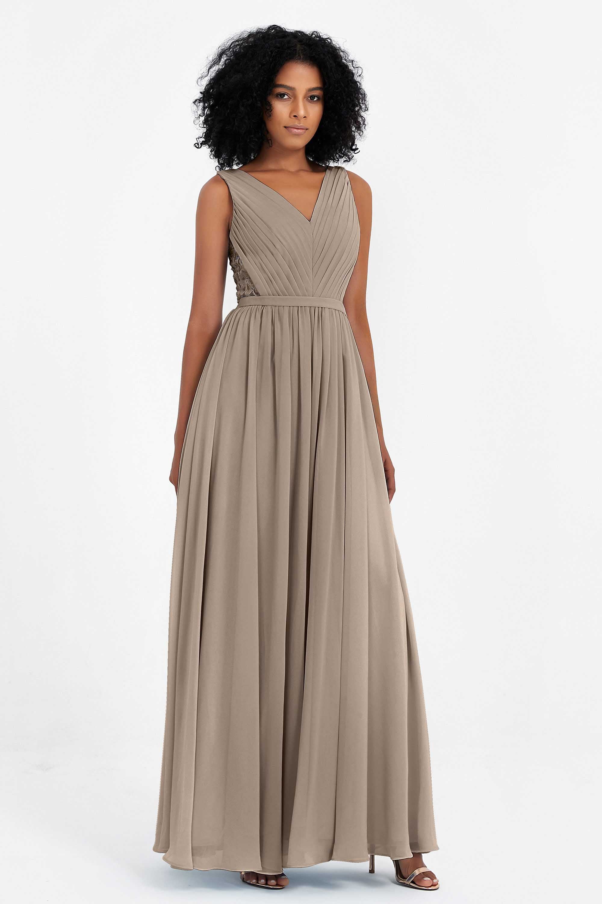 A Line Chiffon Bridesmaid Dress With Lace Ruched Sleeveless Formal Evening Prom Dresses