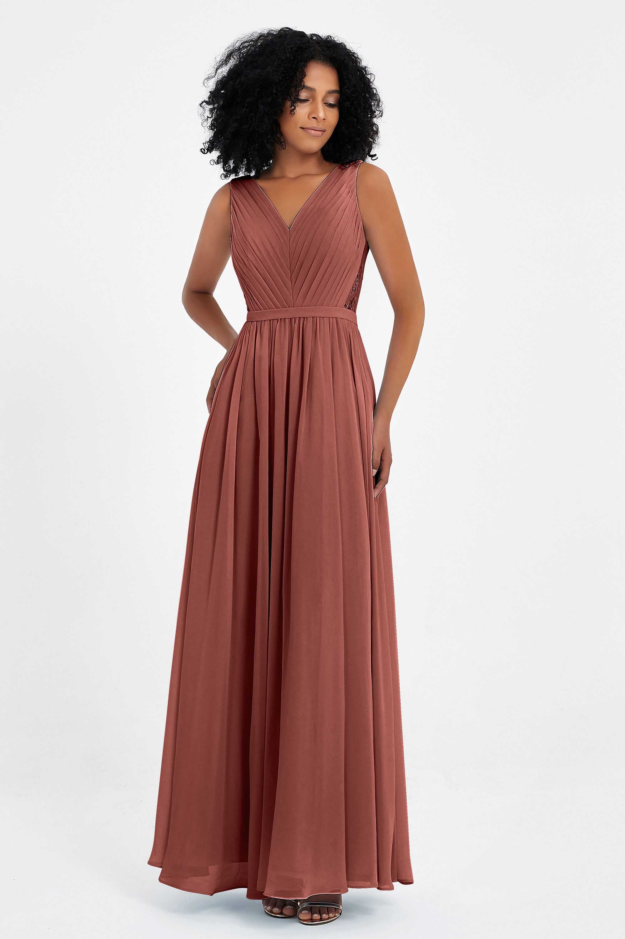 A Line Chiffon Bridesmaid Dress With Lace Ruched Sleeveless Formal Evening Prom Dresses