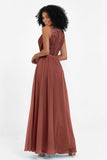 A Line Chiffon Bridesmaid Dress With Lace Ruched Sleeveless Formal Evening Prom Dresses