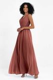A Line Chiffon Bridesmaid Dress With Lace Ruched Sleeveless Formal Evening Prom Dresses