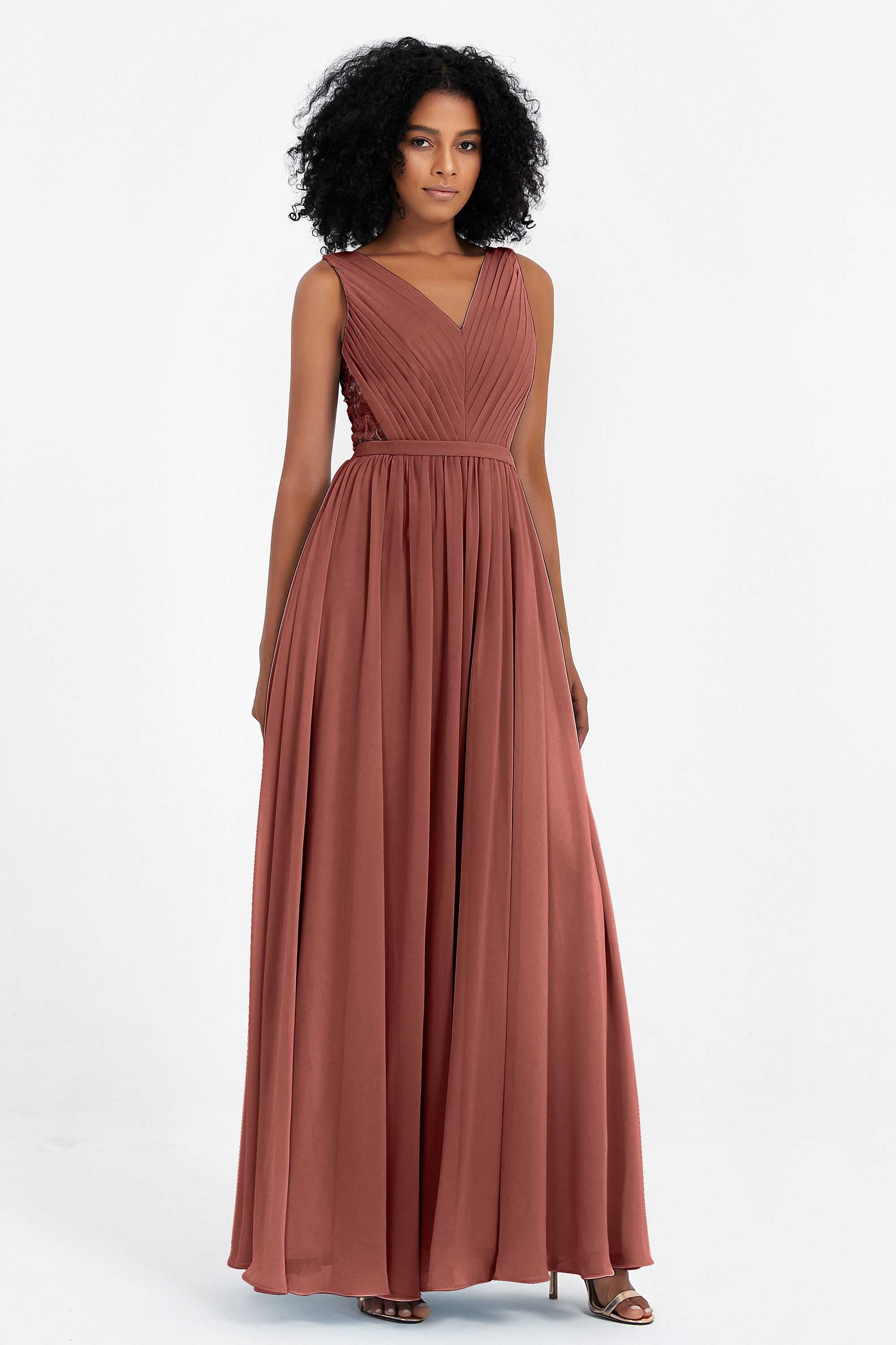 A Line Chiffon Bridesmaid Dress With Lace Ruched Sleeveless Formal Evening Prom Dresses