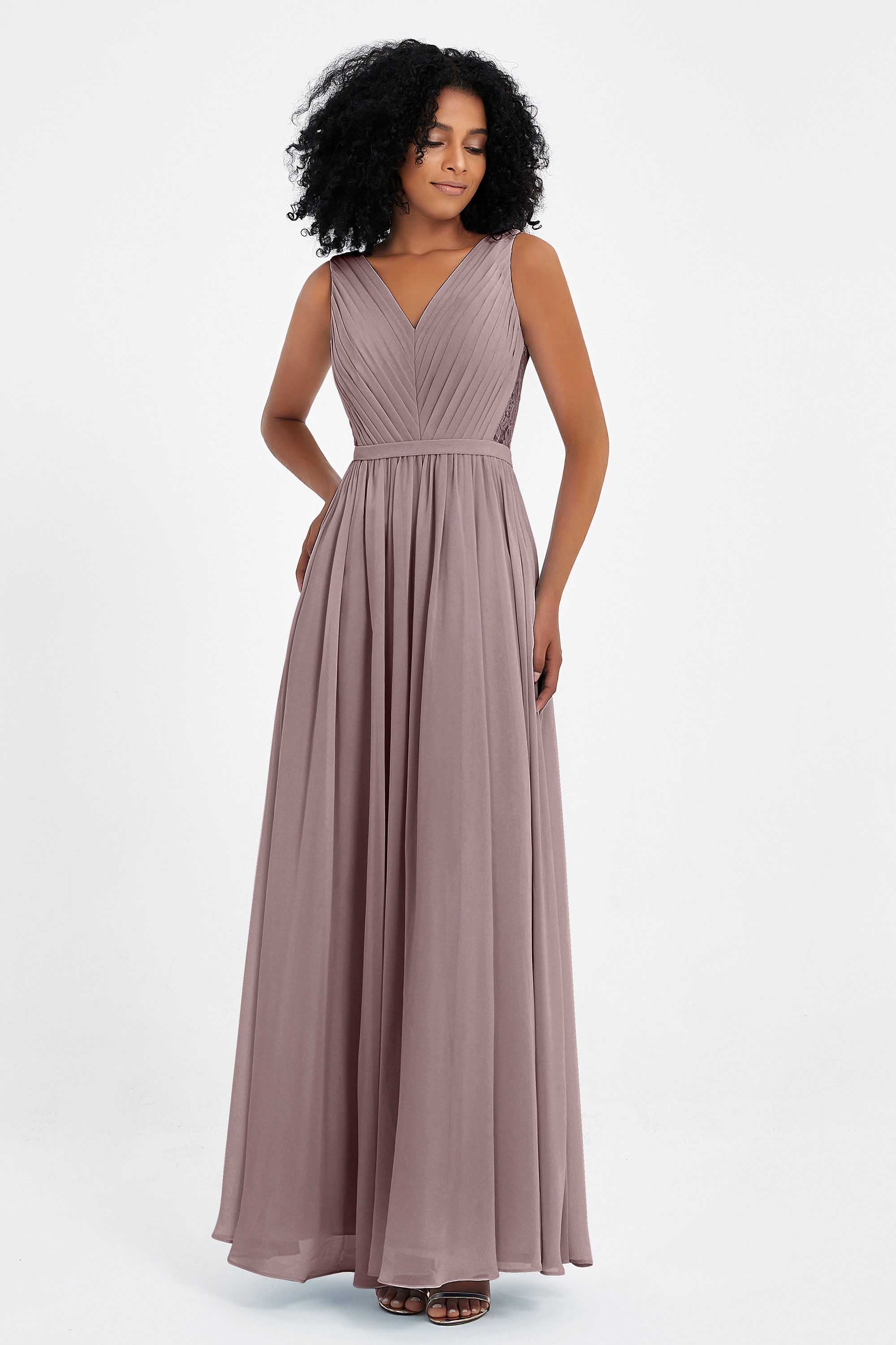A Line Chiffon Bridesmaid Dress With Lace Ruched Sleeveless Formal Evening Prom Dresses