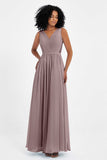 A Line Chiffon Bridesmaid Dress With Lace Ruched Sleeveless Formal Evening Prom Dresses