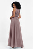 A Line Chiffon Bridesmaid Dress With Lace Ruched Sleeveless Formal Evening Prom Dresses