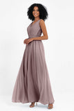 A Line Chiffon Bridesmaid Dress With Lace Ruched Sleeveless Formal Evening Prom Dresses