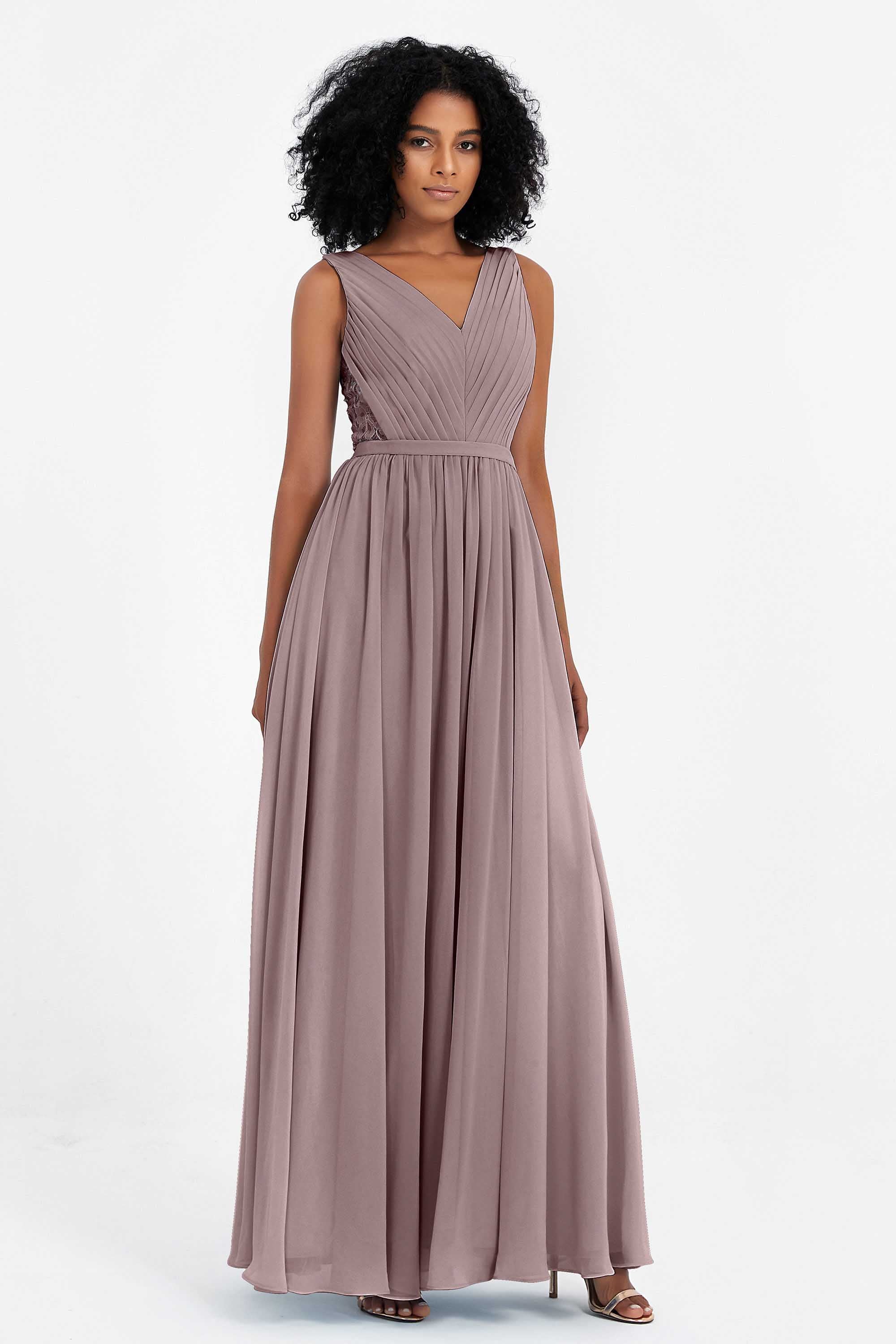 A Line Chiffon Bridesmaid Dress With Lace Ruched Sleeveless Formal Evening Prom Dresses