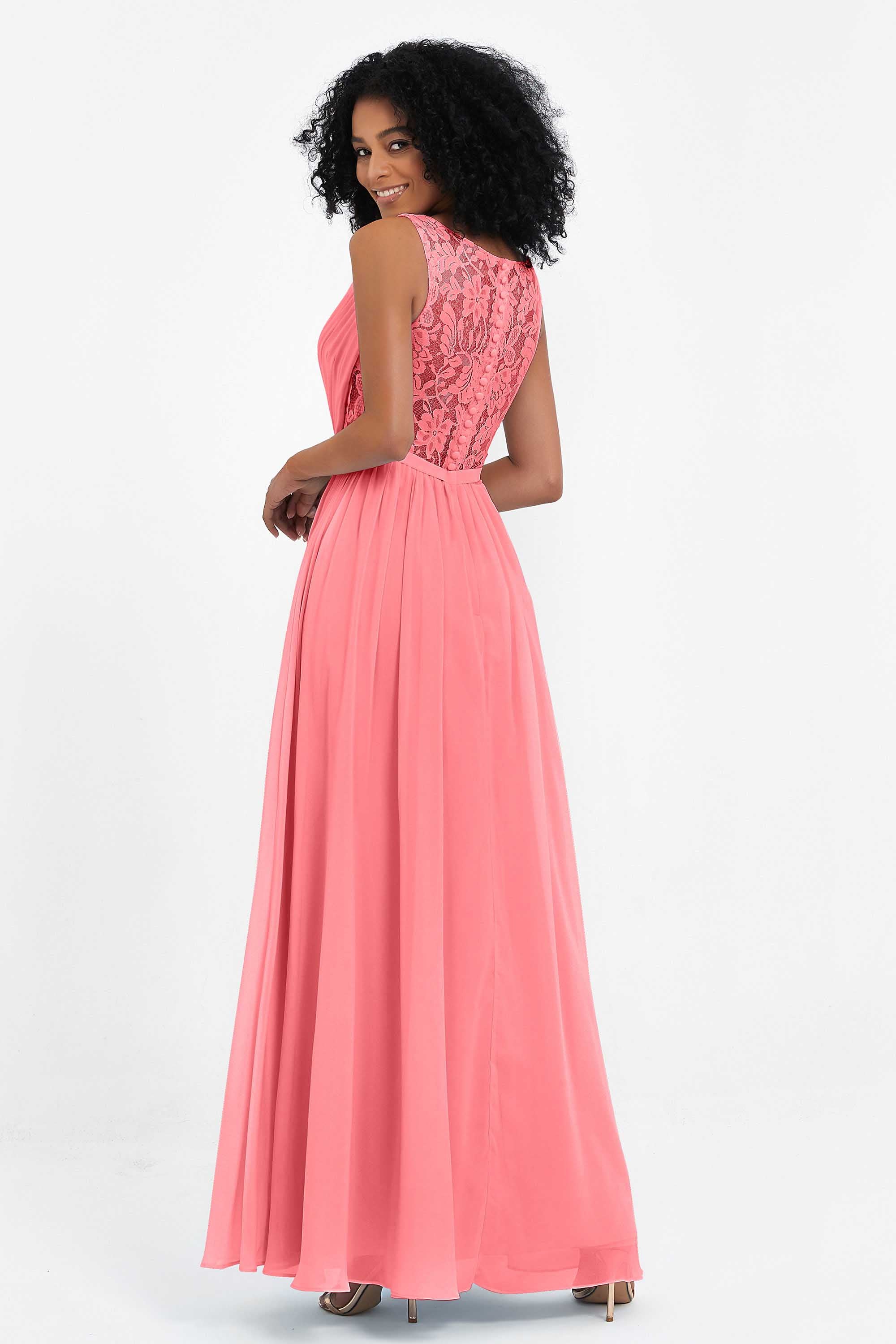 A Line Chiffon Bridesmaid Dress With Lace Ruched Sleeveless Formal Evening Prom Dresses
