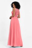 A Line Chiffon Bridesmaid Dress With Lace Ruched Sleeveless Formal Evening Prom Dresses