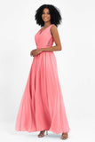 A Line Chiffon Bridesmaid Dress With Lace Ruched Sleeveless Formal Evening Prom Dresses