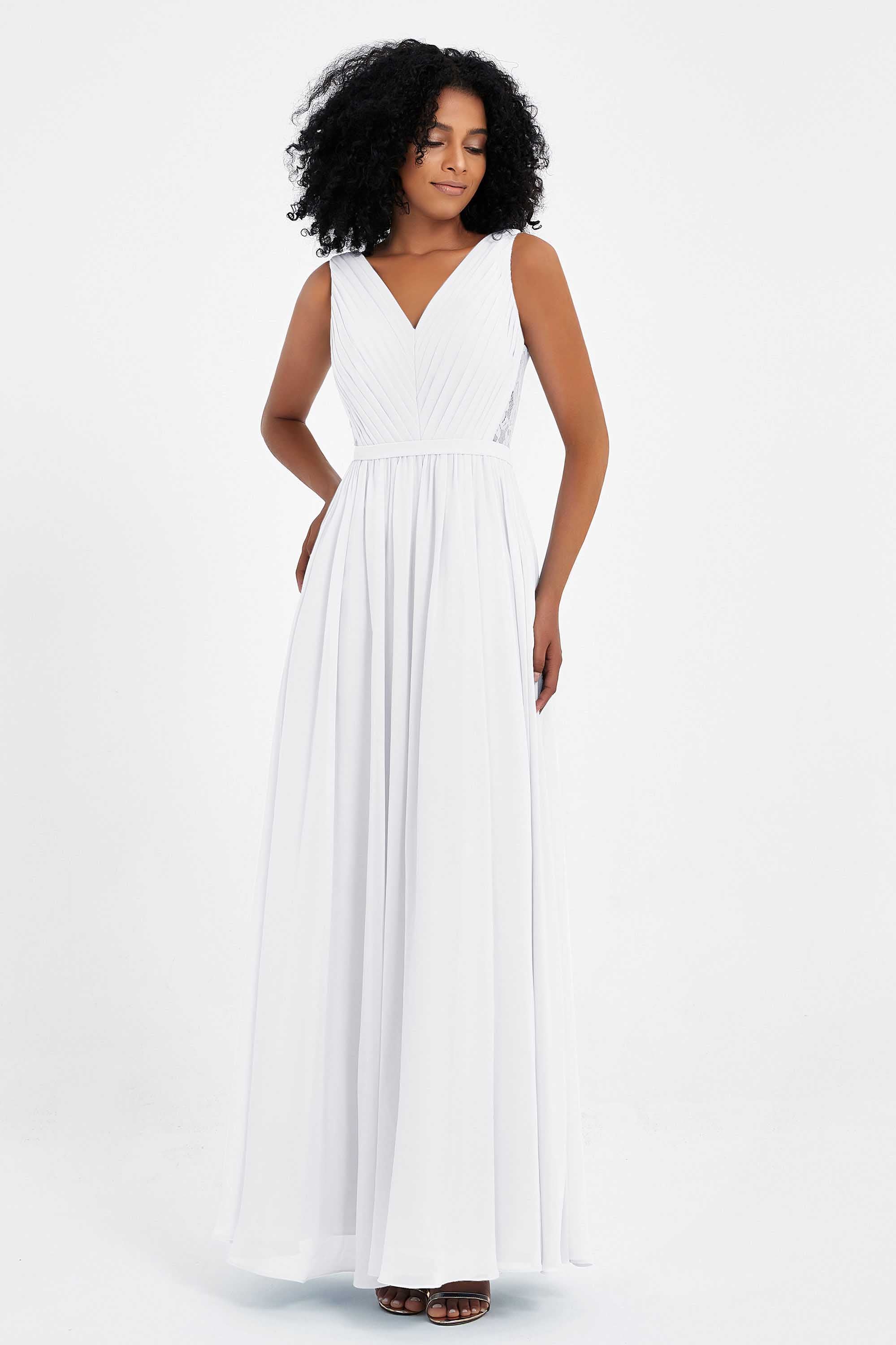 A Line Chiffon Bridesmaid Dress With Lace Ruched Sleeveless Formal Evening Prom Dresses