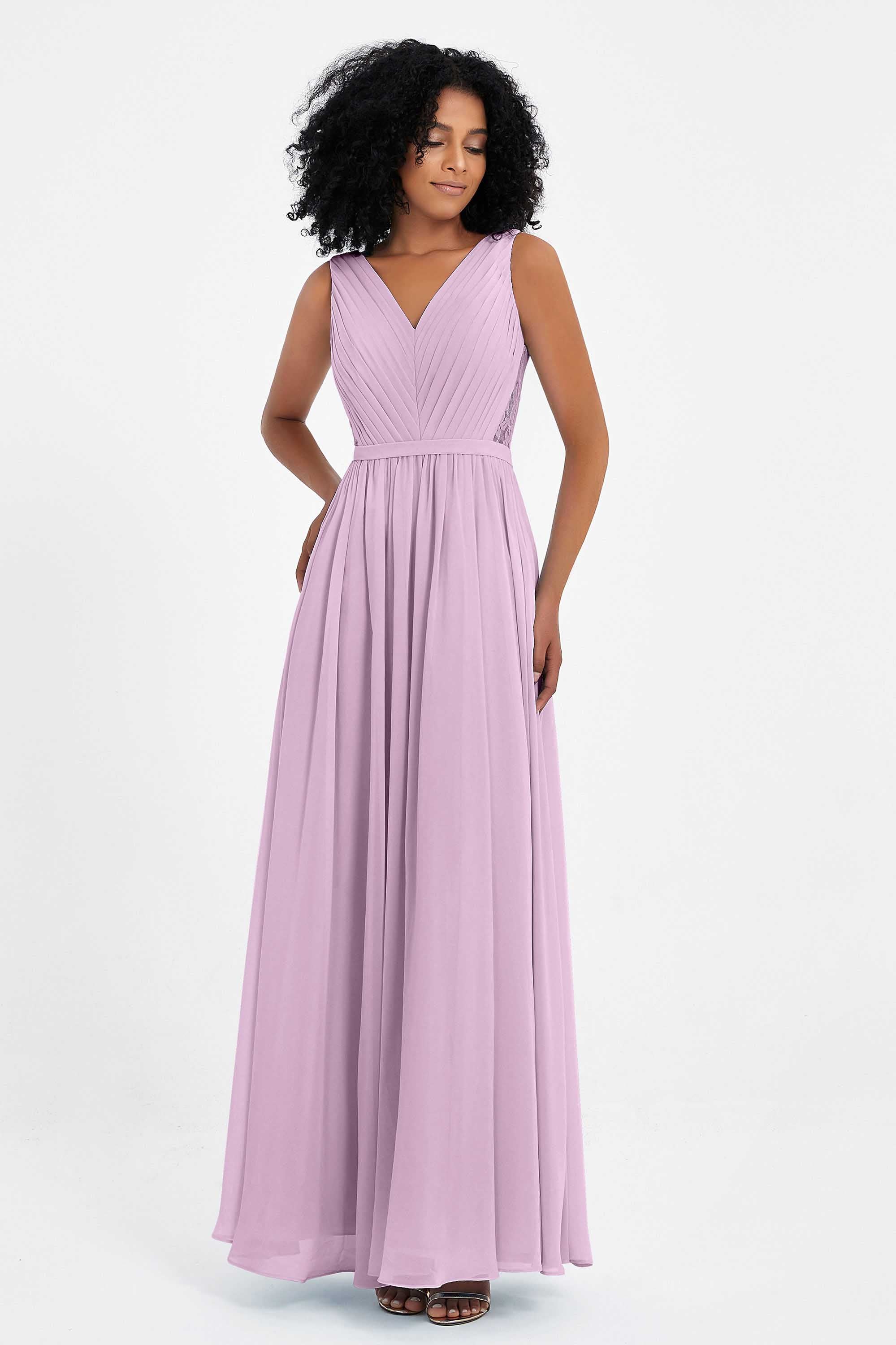 A Line Chiffon Bridesmaid Dress With Lace Ruched Sleeveless Formal Evening Prom Dresses