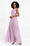 A Line Chiffon Bridesmaid Dress With Lace Ruched Sleeveless Formal Evening Prom Dresses