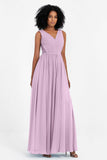 A Line Chiffon Bridesmaid Dress With Lace Ruched Sleeveless Formal Evening Prom Dresses