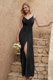 Velvet Sheath Formal Evening Dresses with Slit Spaghetti Straps Ruched Bridesmaid Party Dress