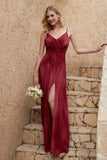 Velvet Sheath Formal Evening Dresses with Slit Spaghetti Straps Ruched Bridesmaid Party Dress