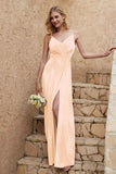 Velvet Sheath Formal Evening Dresses with Slit Spaghetti Straps Ruched Bridesmaid Party Dress