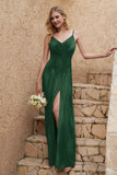 Velvet Sheath Formal Evening Dresses with Slit Spaghetti Straps Ruched Bridesmaid Party Dress