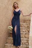 Velvet Sheath Formal Evening Dresses with Slit Spaghetti Straps Ruched Bridesmaid Party Dress