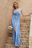 Velvet Sheath Formal Evening Dresses with Slit Spaghetti Straps Ruched Bridesmaid Party Dress