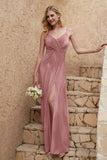 Velvet Sheath Formal Evening Dresses with Slit Spaghetti Straps Ruched Bridesmaid Party Dress