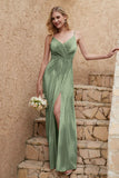 Velvet Sheath Formal Evening Dresses with Slit Spaghetti Straps Ruched Bridesmaid Party Dress