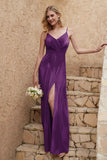 Velvet Sheath Formal Evening Dresses with Slit Spaghetti Straps Ruched Bridesmaid Party Dress
