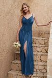 Velvet Sheath Formal Evening Dresses with Slit Spaghetti Straps Ruched Bridesmaid Party Dress