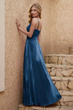 Velvet Sheath Formal Evening Dresses with Slit Spaghetti Straps Ruched Bridesmaid Party Dress
