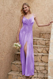 Velvet Sheath Formal Evening Dresses with Slit Spaghetti Straps Ruched Bridesmaid Party Dress