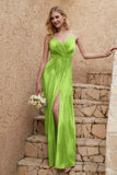 Velvet Sheath Formal Evening Dresses with Slit Spaghetti Straps Ruched Bridesmaid Party Dress