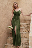 Velvet Sheath Formal Evening Dresses with Slit Spaghetti Straps Ruched Bridesmaid Party Dress