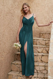 Velvet Sheath Formal Evening Dresses with Slit Spaghetti Straps Ruched Bridesmaid Party Dress