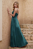 Velvet Sheath Formal Evening Dresses with Slit Spaghetti Straps Ruched Bridesmaid Party Dress