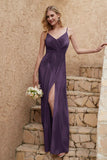 Velvet Sheath Formal Evening Dresses with Slit Spaghetti Straps Ruched Bridesmaid Party Dress