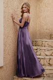 Velvet Sheath Formal Evening Dresses with Slit Spaghetti Straps Ruched Bridesmaid Party Dress