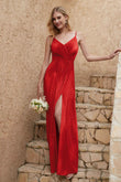 Velvet Sheath Formal Evening Dresses with Slit Spaghetti Straps Ruched Bridesmaid Party Dress