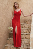 Velvet Sheath Formal Evening Dresses with Slit Spaghetti Straps Ruched Bridesmaid Party Dress