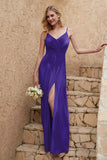 Velvet Sheath Formal Evening Dresses with Slit Spaghetti Straps Ruched Bridesmaid Party Dress