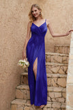 Velvet Sheath Formal Evening Dresses with Slit Spaghetti Straps Ruched Bridesmaid Party Dress