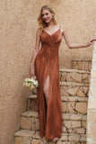 Velvet Sheath Formal Evening Dresses with Slit Spaghetti Straps Ruched Bridesmaid Party Dress