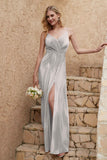 Velvet Sheath Formal Evening Dresses with Slit Spaghetti Straps Ruched Bridesmaid Party Dress