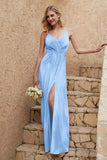 Velvet Sheath Formal Evening Dresses with Slit Spaghetti Straps Ruched Bridesmaid Party Dress
