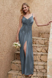 Velvet Sheath Formal Evening Dresses with Slit Spaghetti Straps Ruched Bridesmaid Party Dress