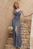 Velvet Sheath Formal Evening Dresses with Slit Spaghetti Straps Ruched Bridesmaid Party Dress
