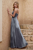 Velvet Sheath Formal Evening Dresses with Slit Spaghetti Straps Ruched Bridesmaid Party Dress