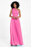 One Shoulder Chiffon Maxi Bridesmaid Dress Ruched Pleated Sleeveless Formal Evening Dresses