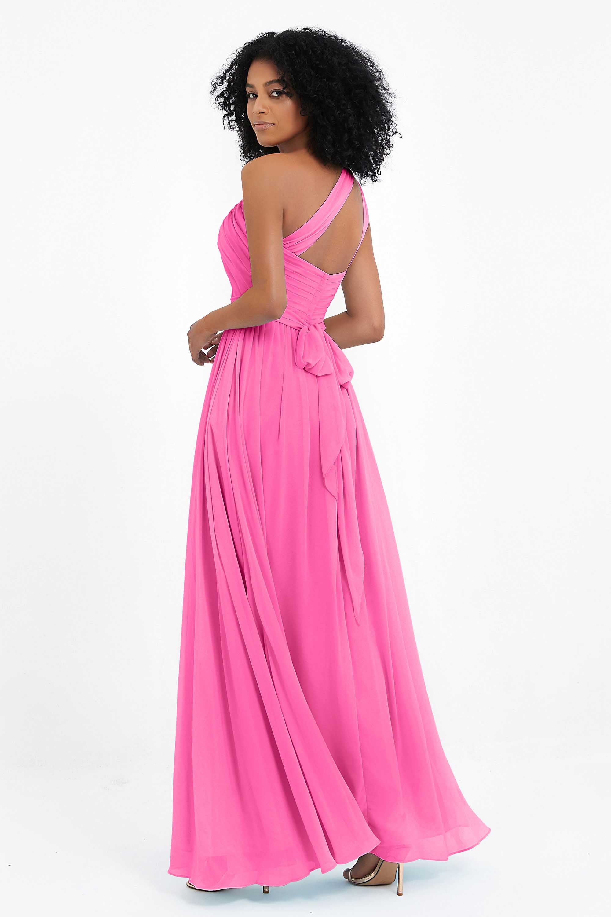 One Shoulder Chiffon Maxi Bridesmaid Dress Ruched Pleated Sleeveless Formal Evening Dresses