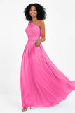 One Shoulder Chiffon Maxi Bridesmaid Dress Ruched Pleated Sleeveless Formal Evening Dresses