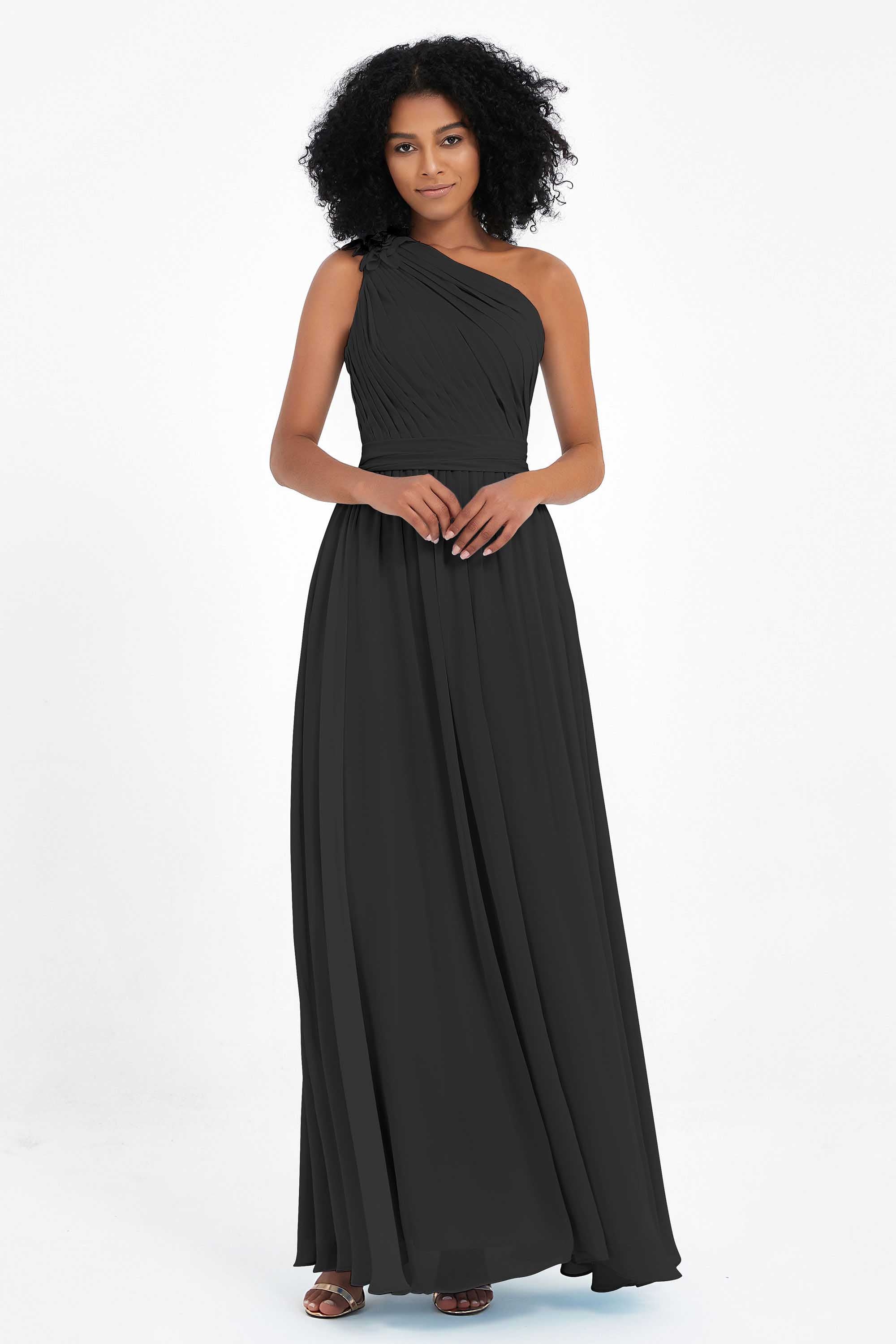 One Shoulder Chiffon Maxi Bridesmaid Dress Ruched Pleated Sleeveless Formal Evening Dresses
